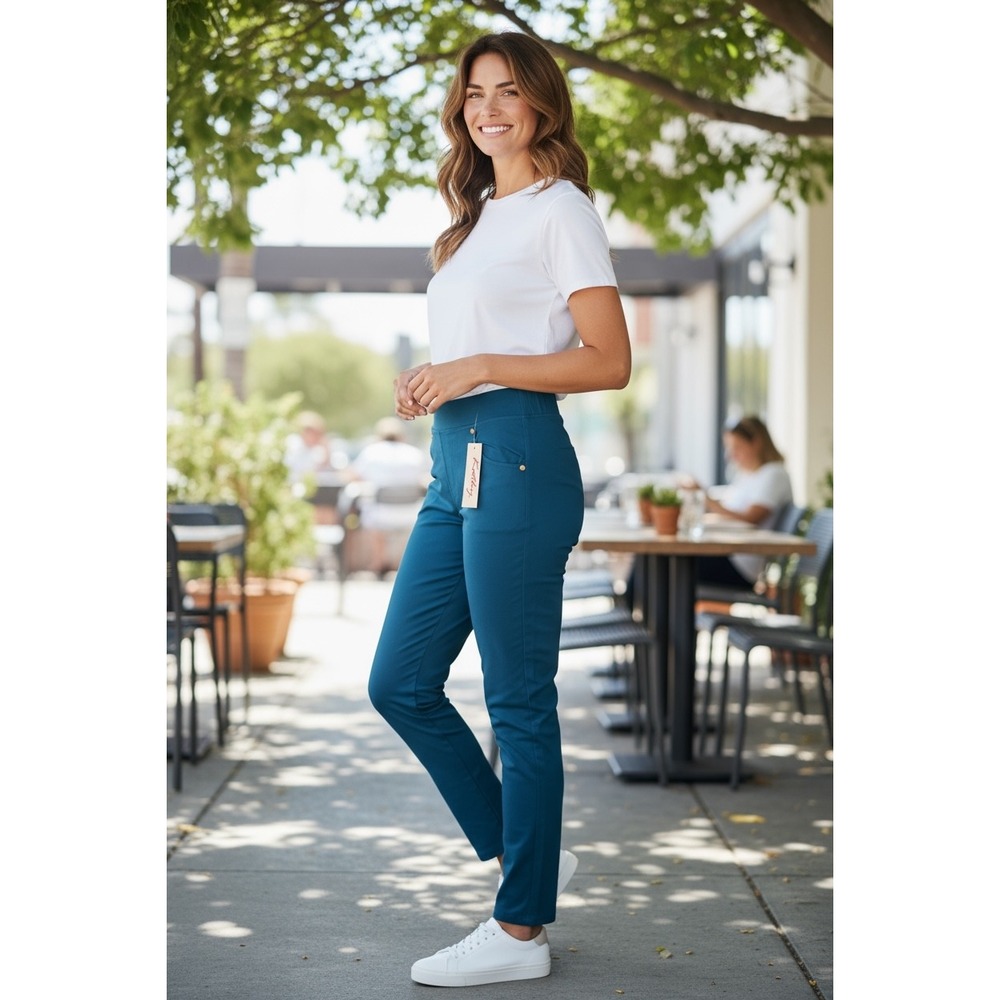 NWT Kathy Women's Teal Pull On Pants Comfort Stretch Gold Accent Casual M/L